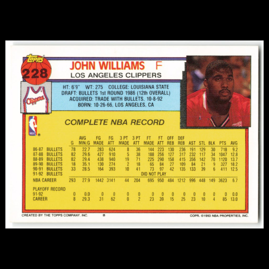 John Williams #228 1992 Topps Los Angeles Clippers Basketball Card NBA NM