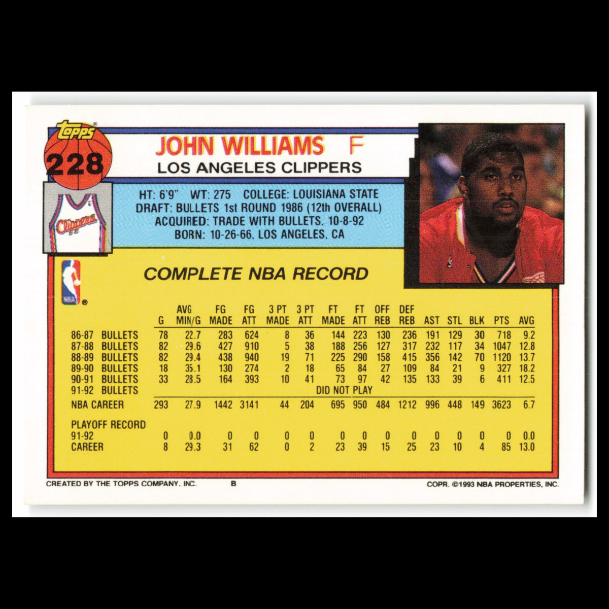 John Williams #228 1992 Topps Los Angeles Clippers Basketball Card NBA NM