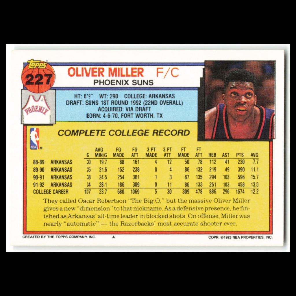 Oliver Miller Rookie #227 1992 Topps Phoenix Suns Basketball Card NBA NM
