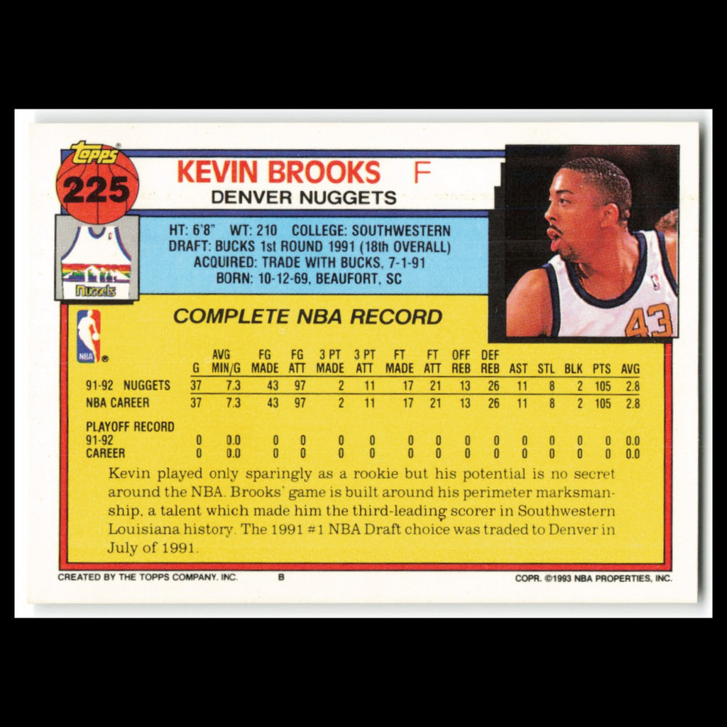 Kevin Brooks #225 1992 Topps Denver Nuggets Basketball Card NBA NM