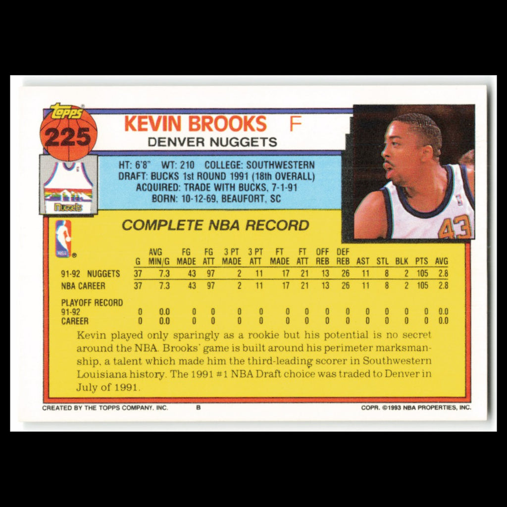 Kevin Brooks #225 1992 Topps Denver Nuggets Basketball Card NBA NM