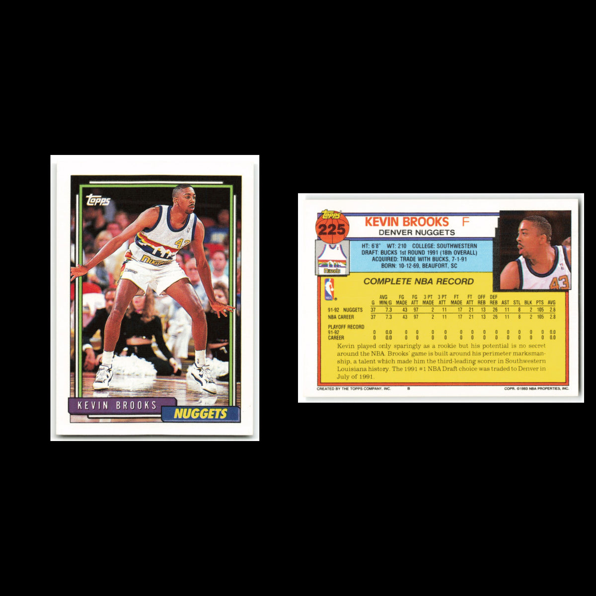 Kevin Brooks #225 1992 Topps Denver Nuggets Basketball Card NBA NM