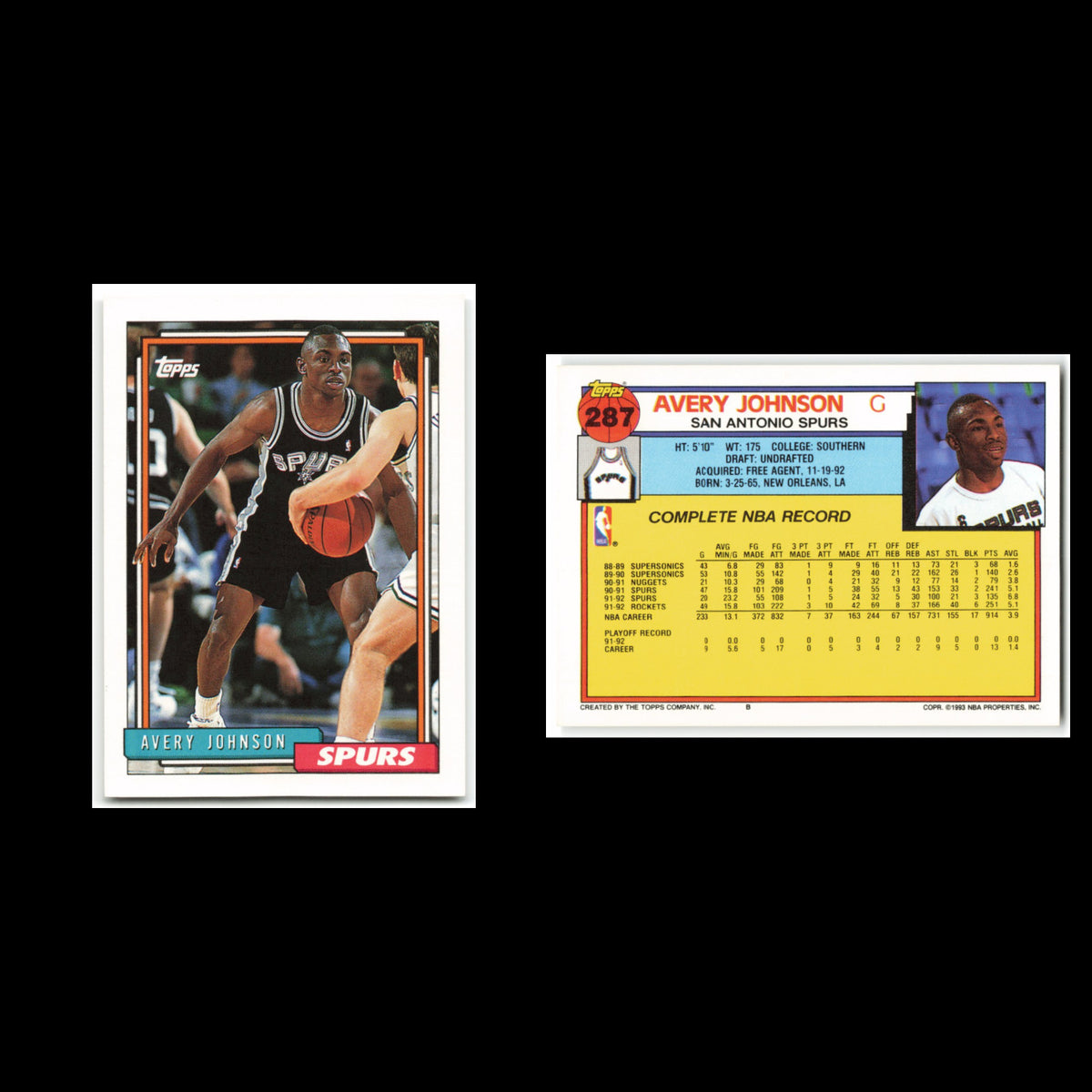 Avery Johnson #287 1992 Topps San Antonio Spurs Basketball Card NBA NM
