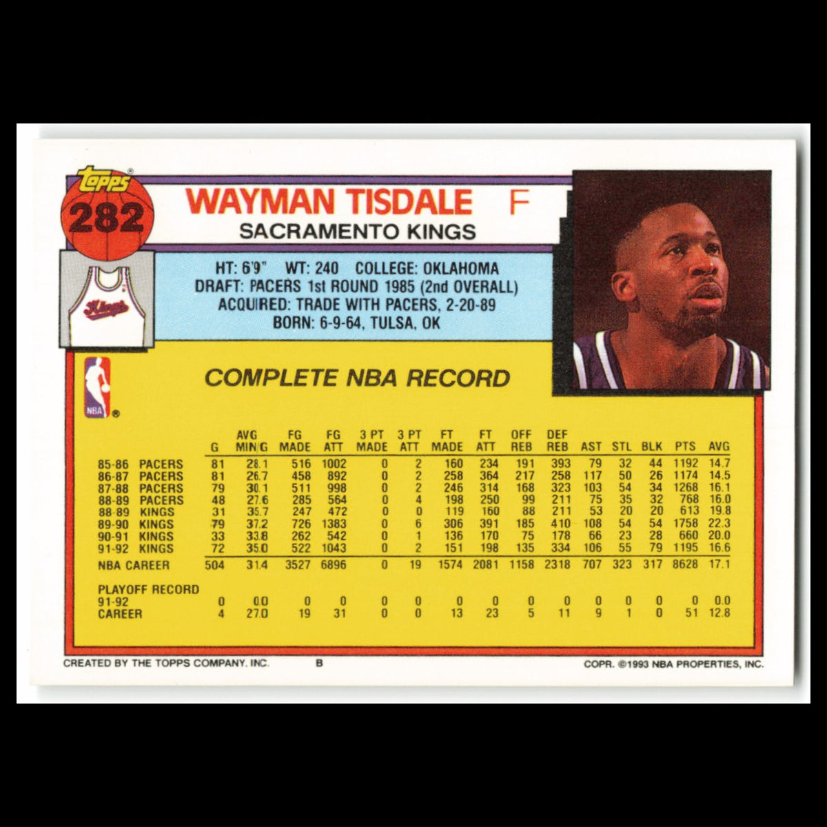 Wayman Tisdale #282 1992 Topps Sacramento Kings Basketball Card NBA NM
