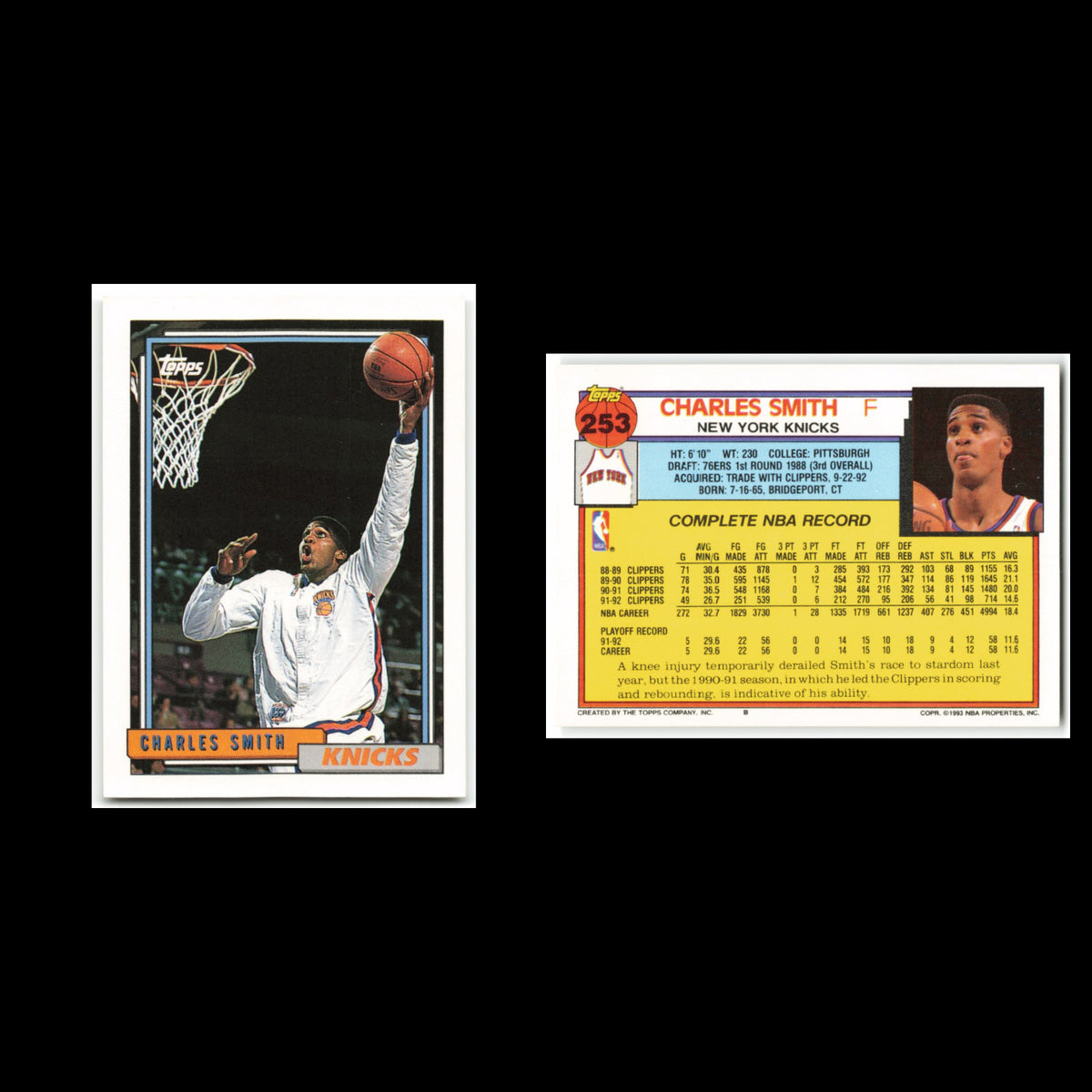 Charles Smith #253 1992 Topps New York Knicks Basketball Card NBA NM