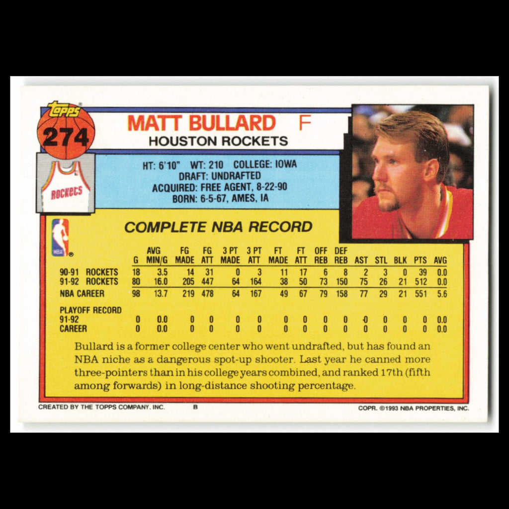 Matt Bullard #274 1992 Topps Houston Rockets Basketball Card NBA NM
