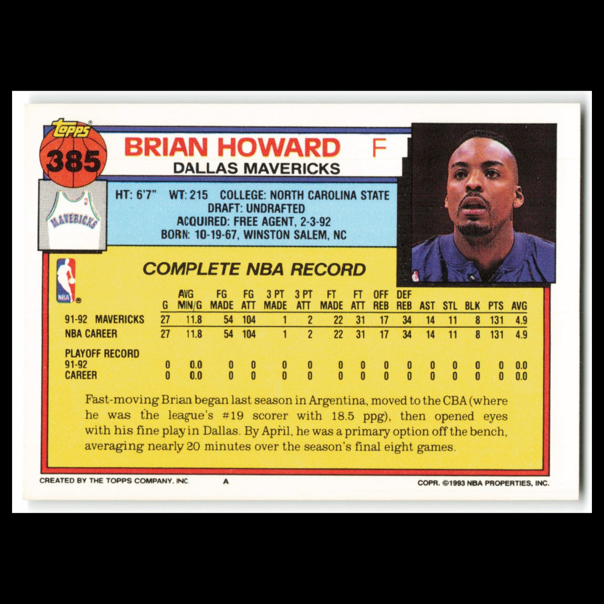 Brian Howard Rookie #385 1992 Topps Dallas Mavericks Basketball Card NBA NM