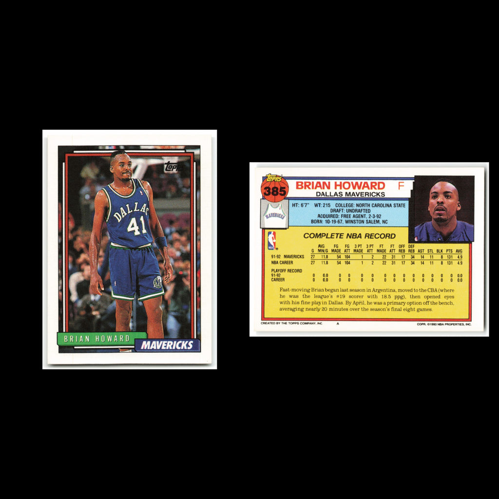Brian Howard Rookie #385 1992 Topps Dallas Mavericks Basketball Card NBA NM