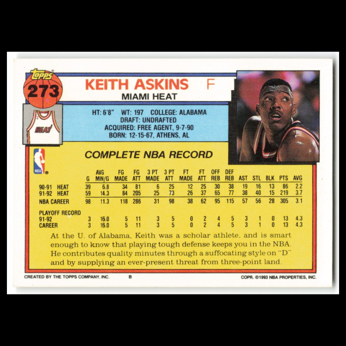 Keith Askins #273 1992 Topps Miami Heat Basketball Card NBA NM