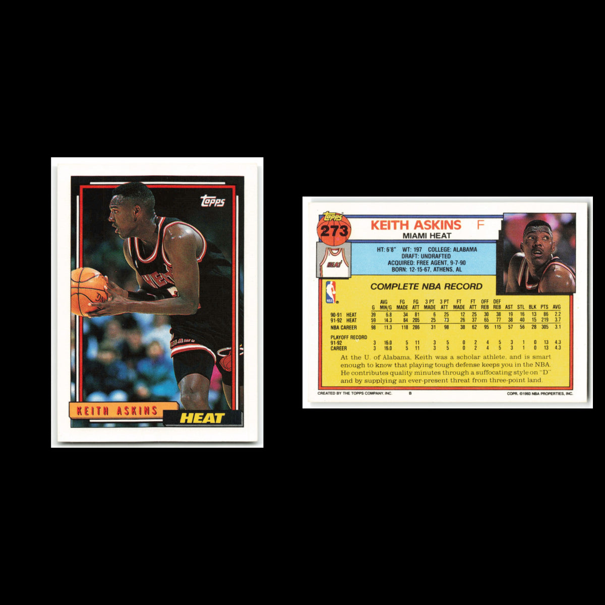 Keith Askins #273 1992 Topps Miami Heat Basketball Card NBA NM