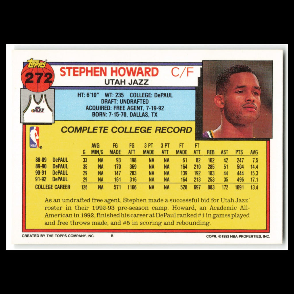 Stephen Howard Rookie #272 1992 Topps Utah Jazz Basketball Card NBA NM