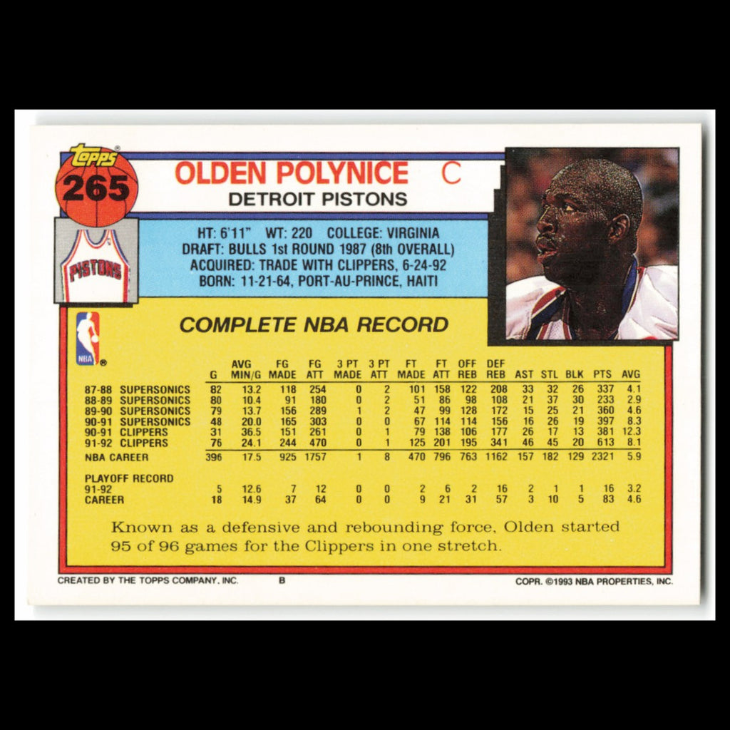 Olden Polynice #265 1992 Topps Detroit Pistons Basketball Card NBA NM