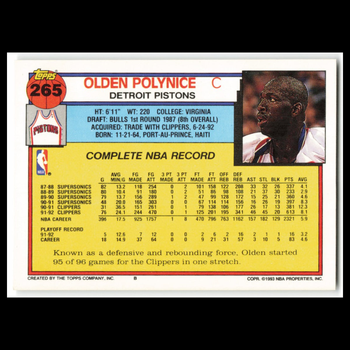 Olden Polynice #265 1992 Topps Detroit Pistons Basketball Card NBA NM