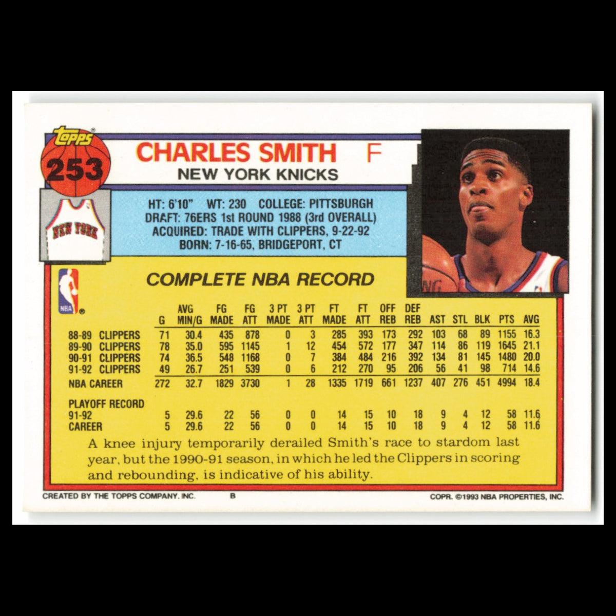 Charles Smith #253 1992 Topps New York Knicks Basketball Card NBA NM