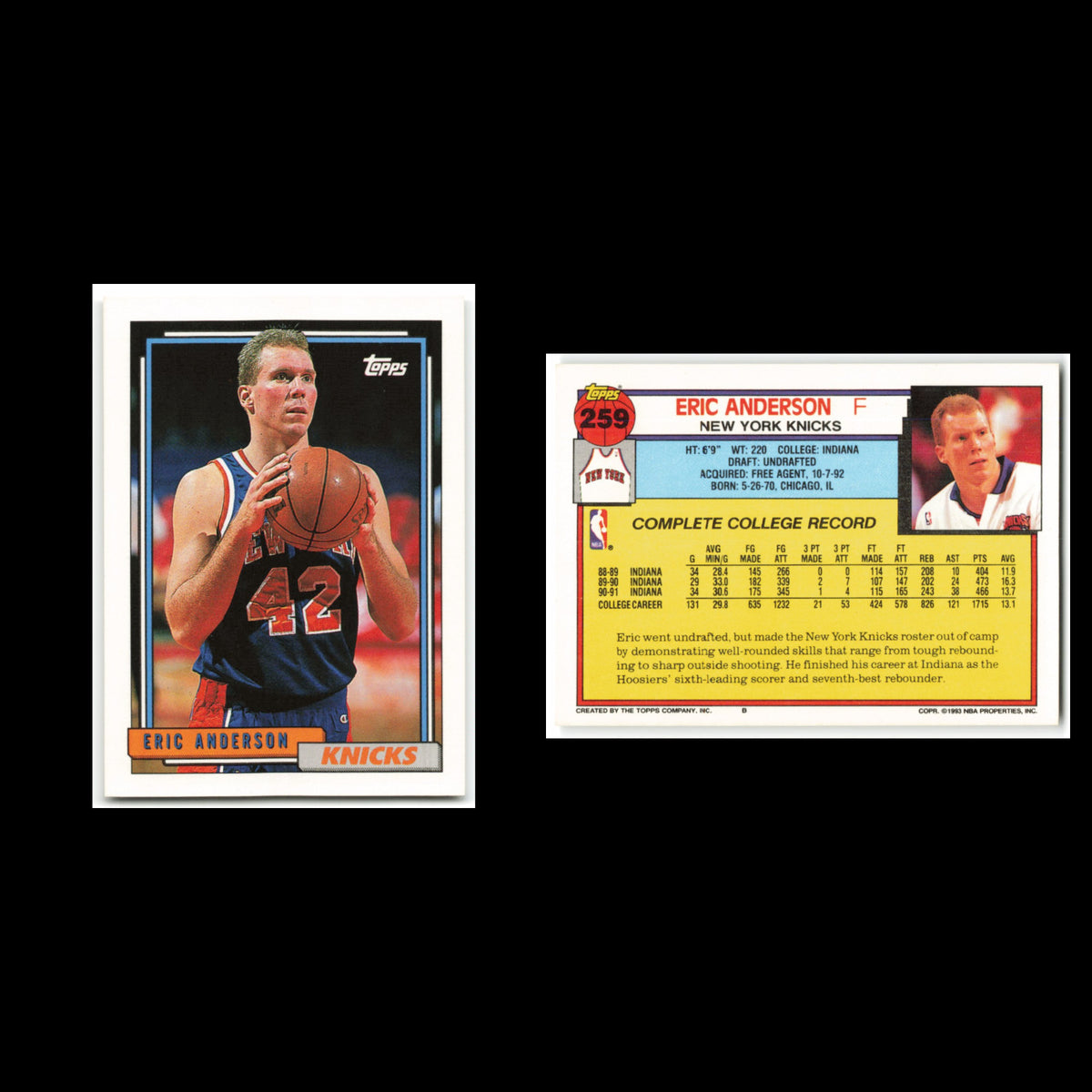Eric Anderson Rookie #259 1992 Topps New York Knicks Basketball Card NBA NM
