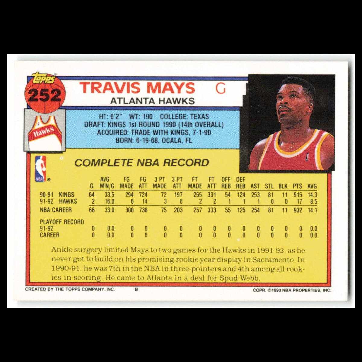 Travis Mays #252 1992 Topps Atlanta Hawks Basketball Card NBA NM