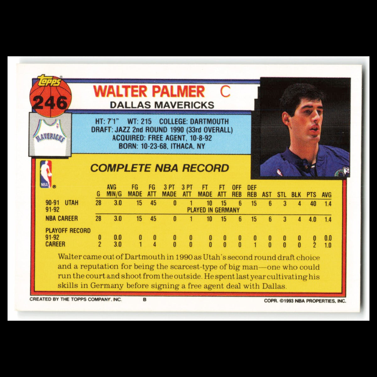 Walter Palmer Rookie #246 1992 Topps Dallas Mavericks Basketball Card NBA NM