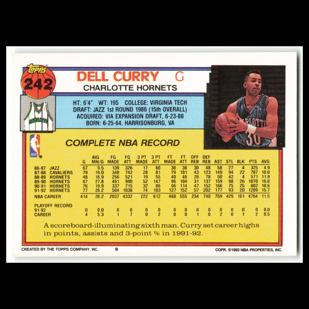 Dell Curry #242 1992 Topps Charlotte Hornets Basketball Card NBA NM