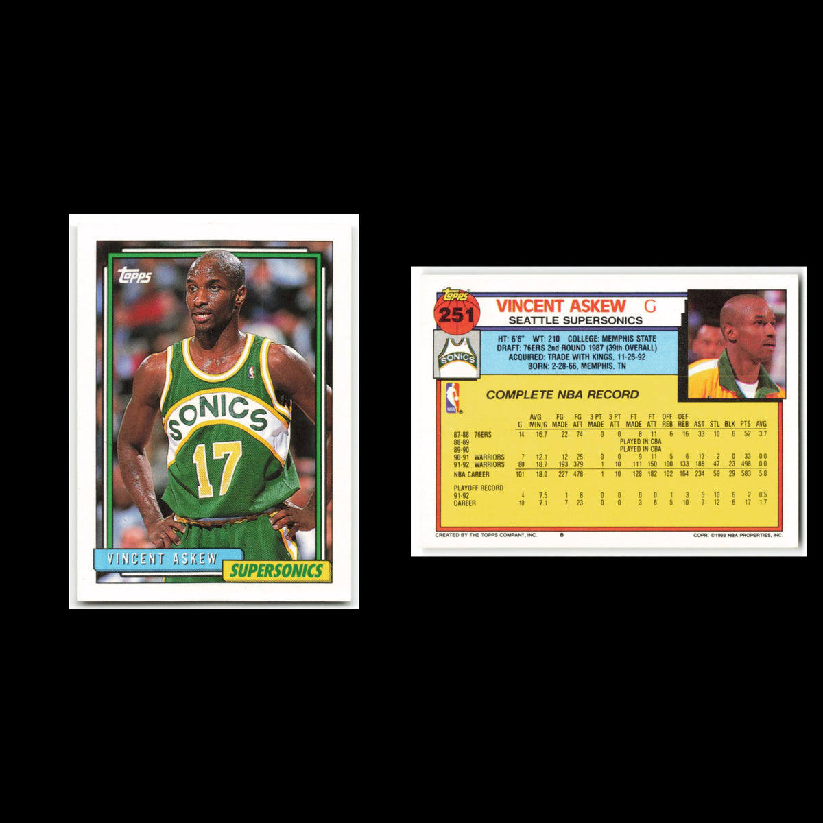Vincent Askew #251 1992 Topps Seattle Supersonics Basketball Card NBA NM