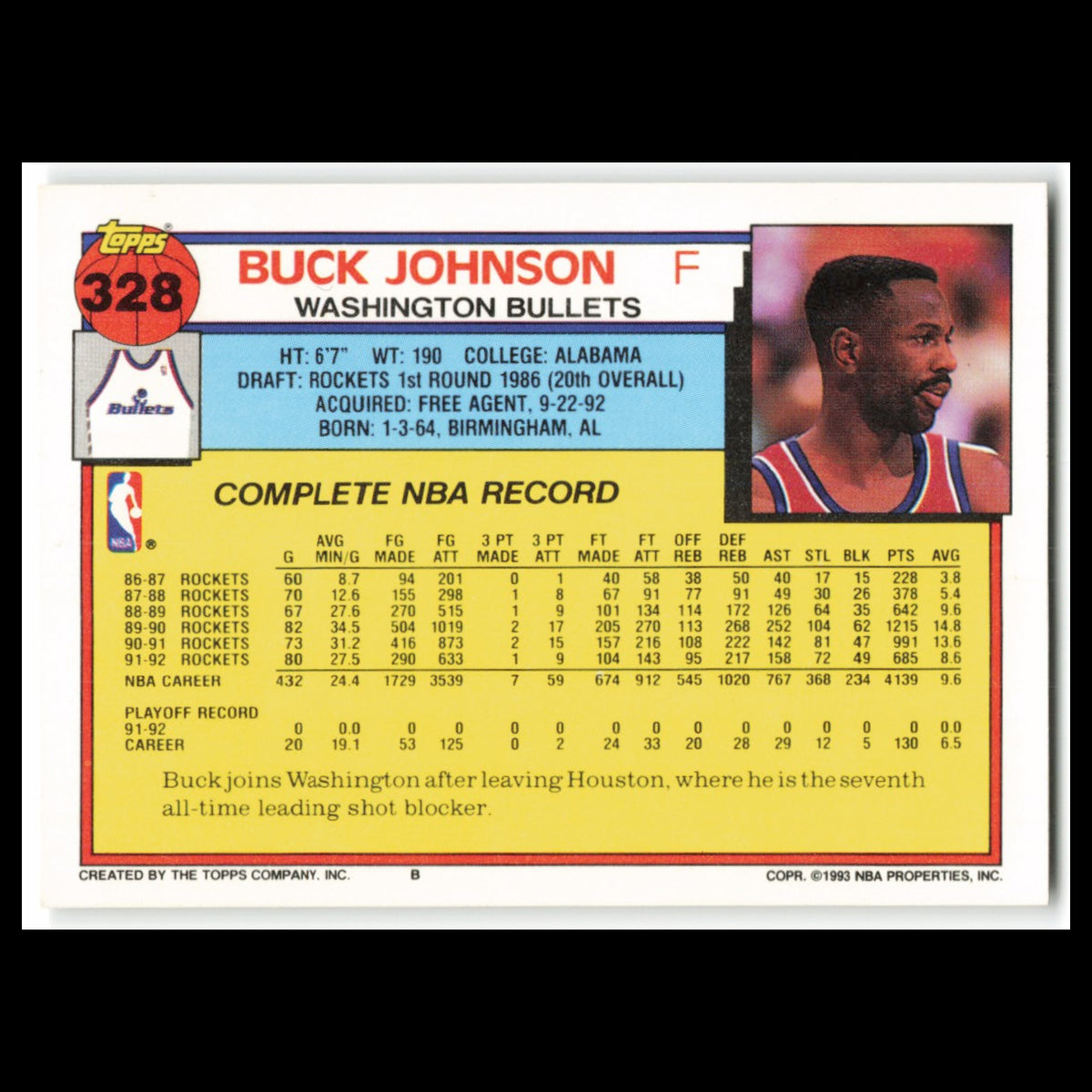 Buck Johnson #328 1992 Topps Washington Bullets Basketball Card NBA NM