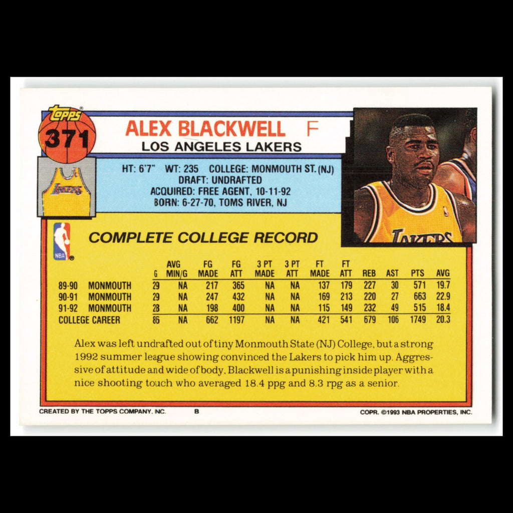 Alex Blackwell Rookie #371 1992 Topps Los Angeles Lakers Basketball Card NBA NM