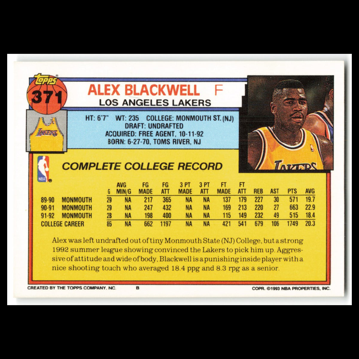 Alex Blackwell Rookie #371 1992 Topps Los Angeles Lakers Basketball Card NBA NM
