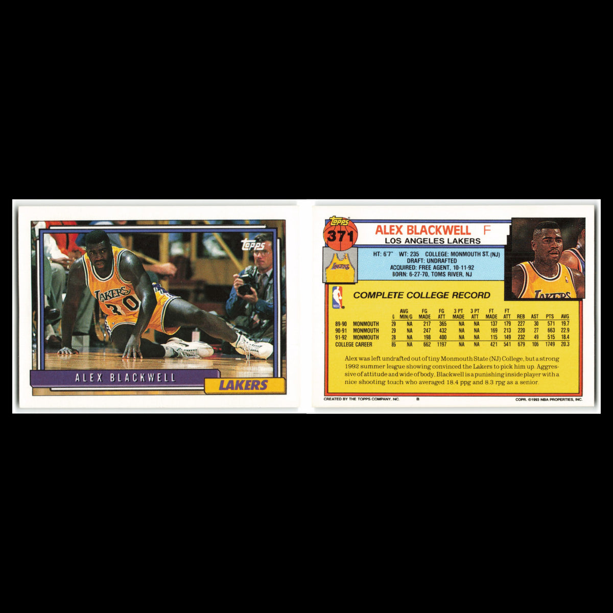 Alex Blackwell Rookie #371 1992 Topps Los Angeles Lakers Basketball Card NBA NM