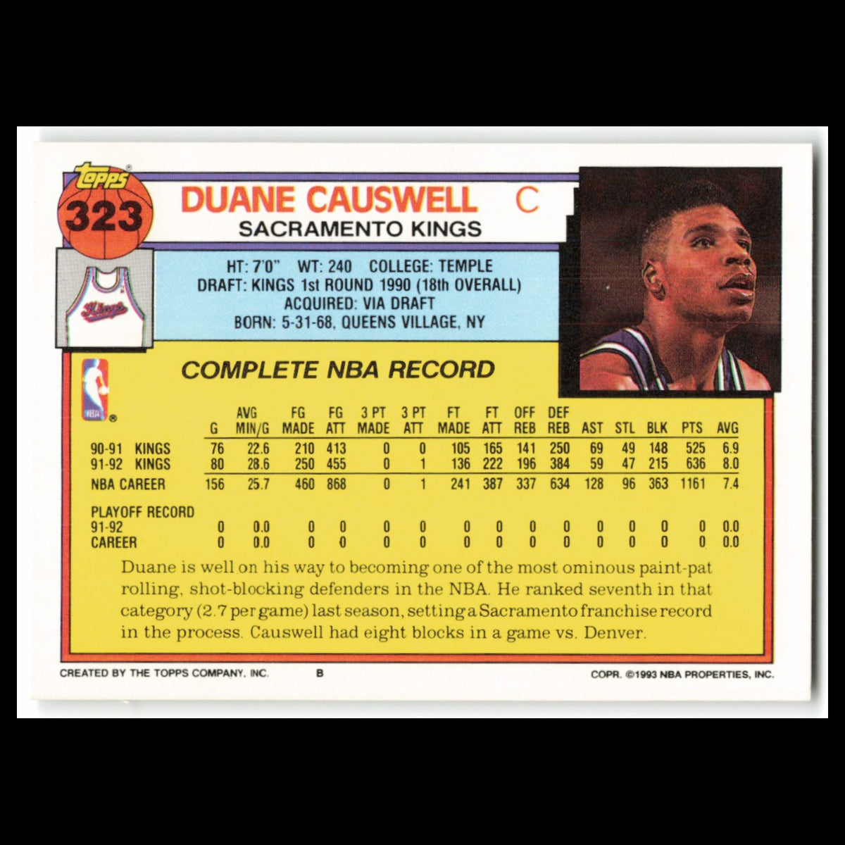 Duane Causwell #323 1992 Topps Sacramento Kings Basketball Card NBA NM