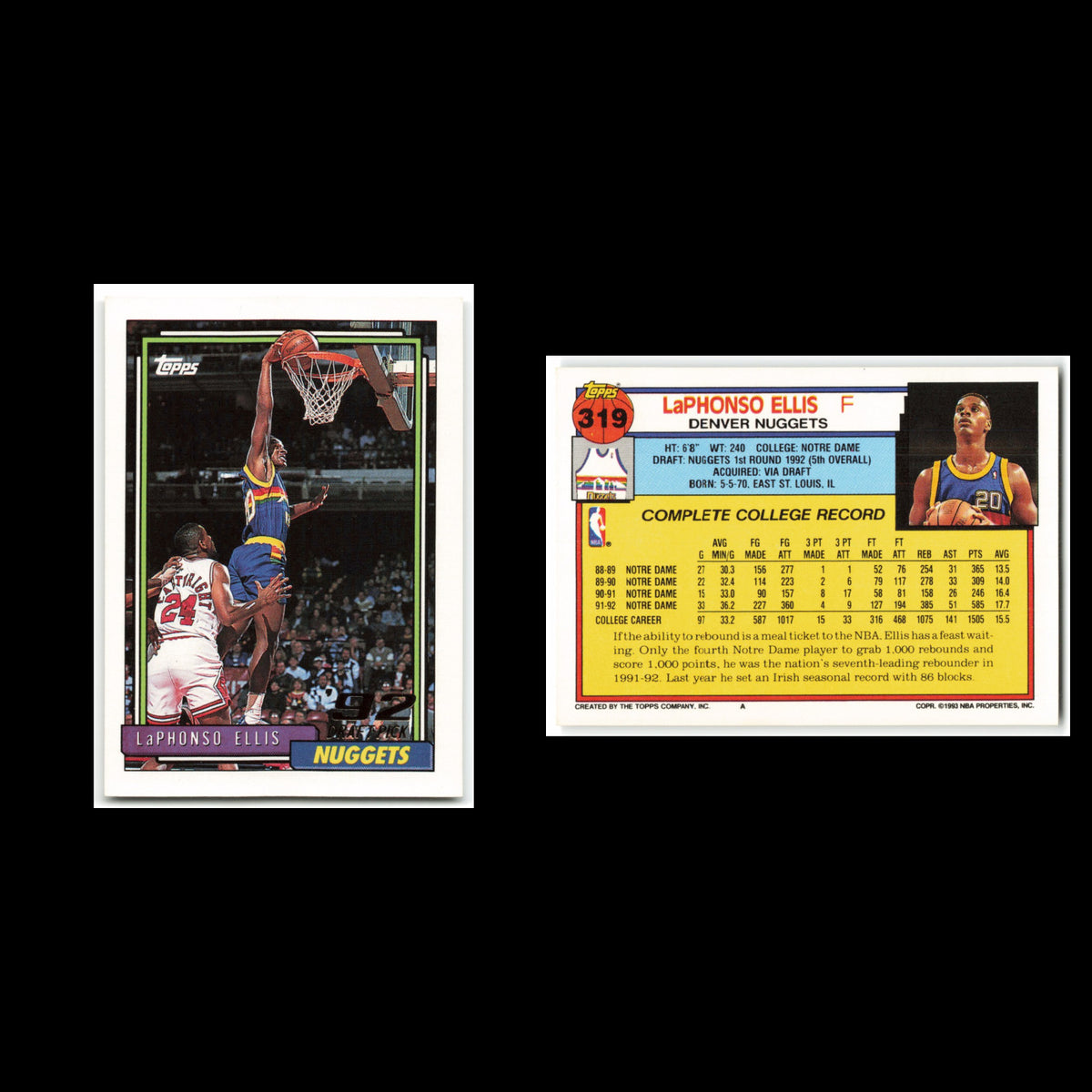 LaPhonso Ellis Rookie #319 1992 Topps Denver Nuggets Basketball Card NBA NM