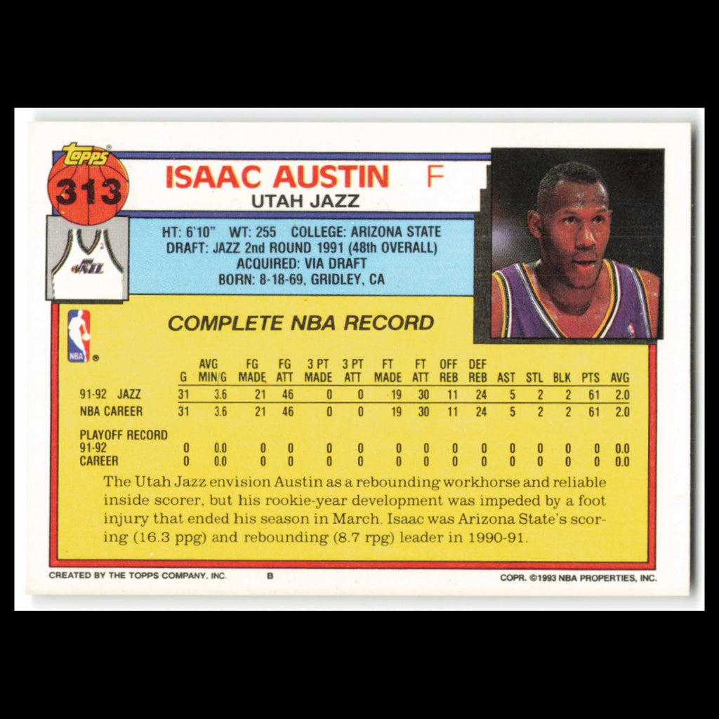 Isaac Austin #313 1992 Topps Utah Jazz Basketball Card NBA NM