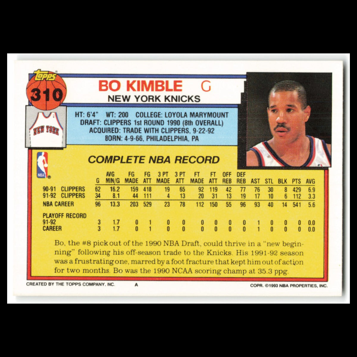 Bo Kimble #310 1992 Topps New York Knicks Basketball Card NBA NM
