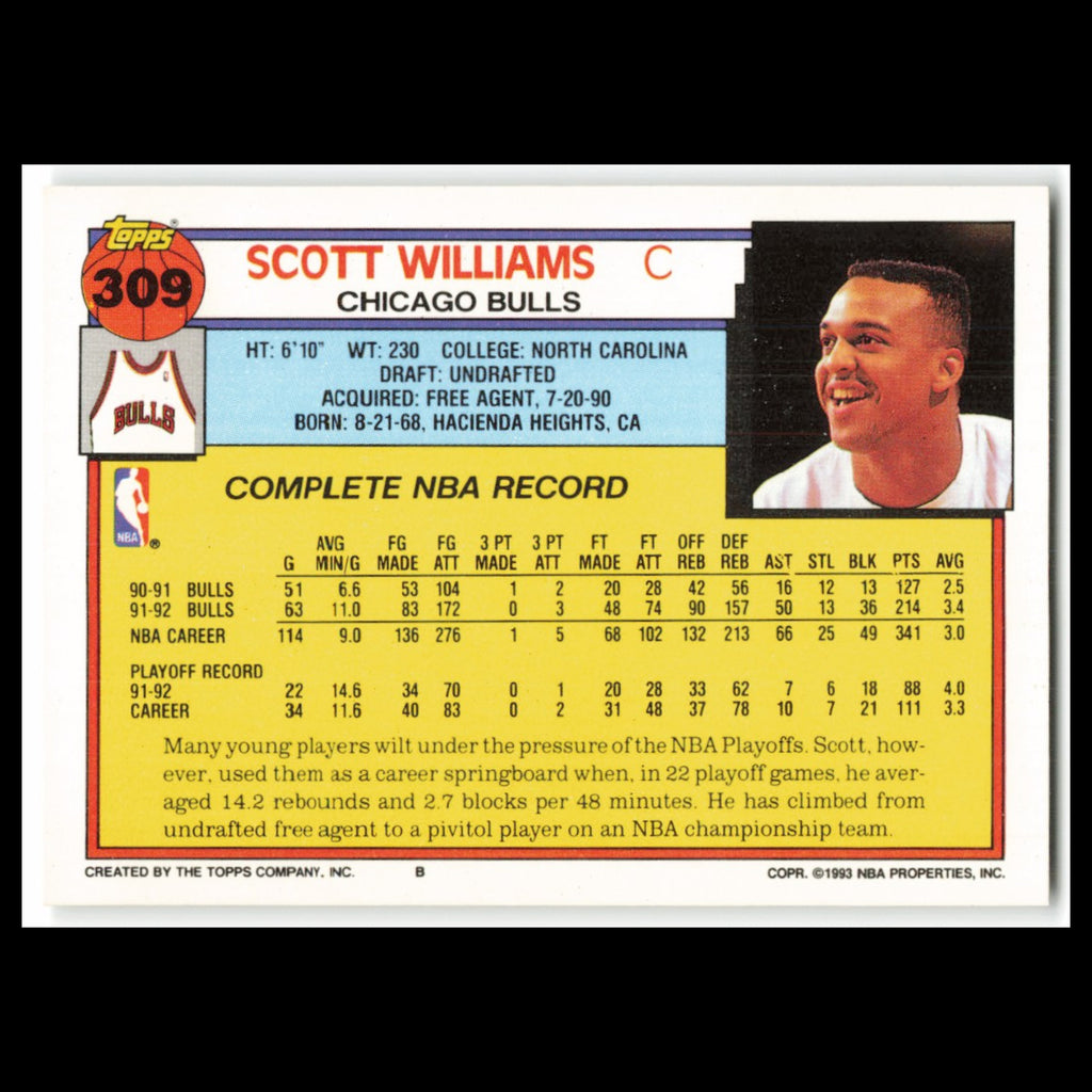 Scott Williams #309 1992 Topps Chicago Bulls Basketball Card NBA NM