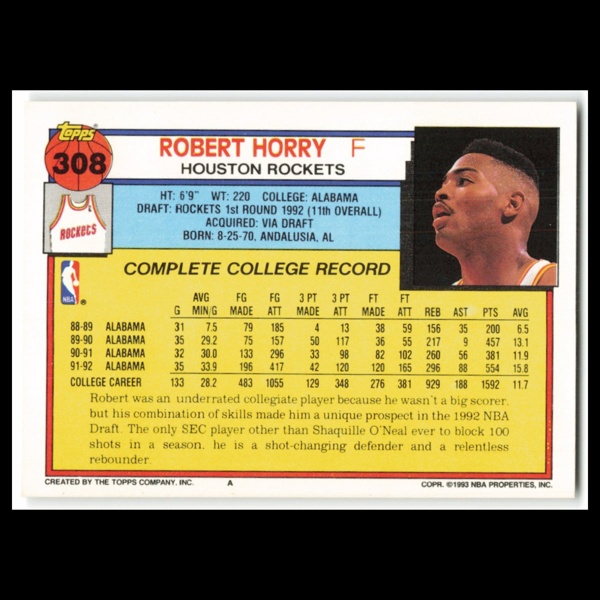 Robert Horry Rookie #308 1992 Topps Houston Rockets Basketball Card NBA NM