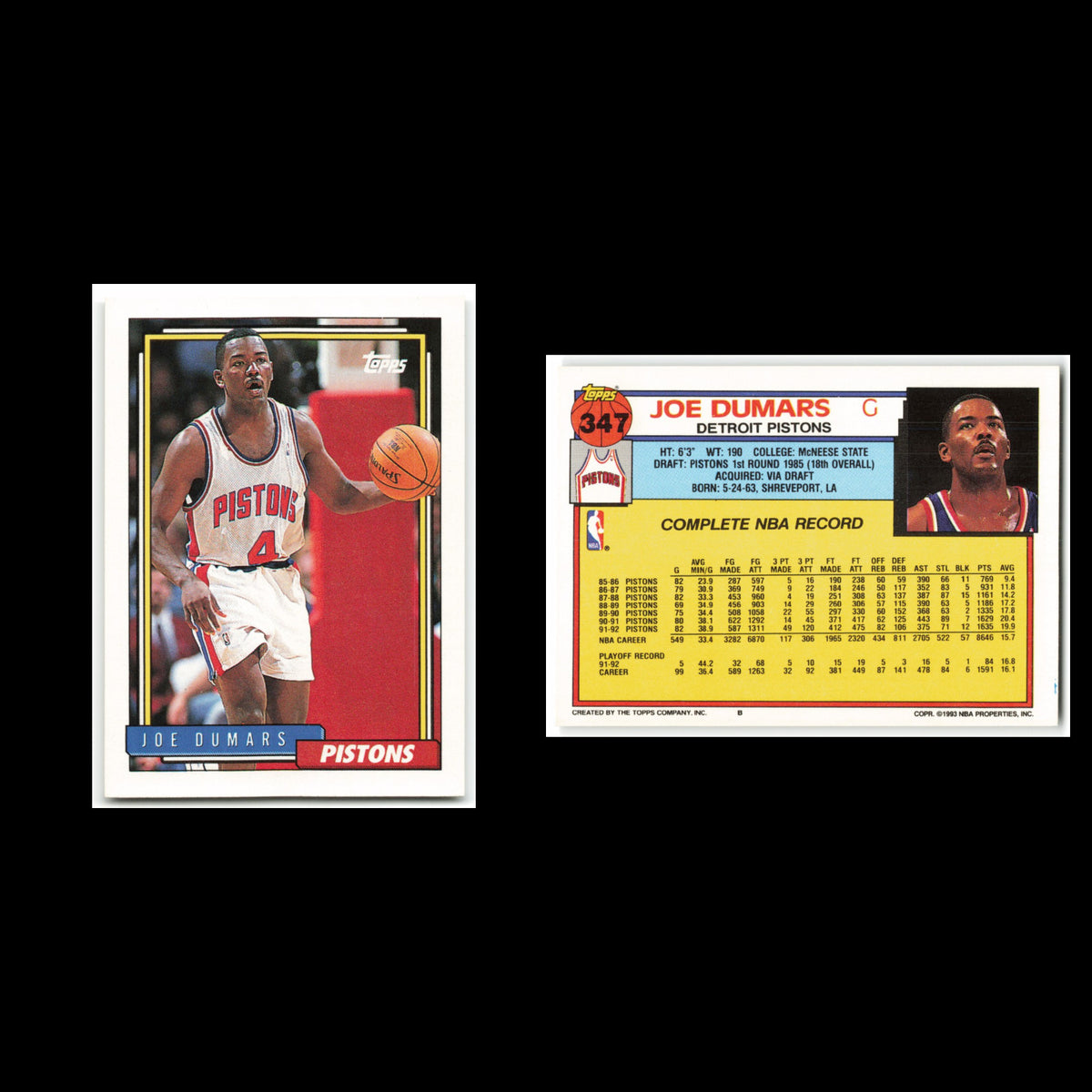 Joe Dumars #347 1992 Topps Detroit Pistons Basketball Card NBA NM
