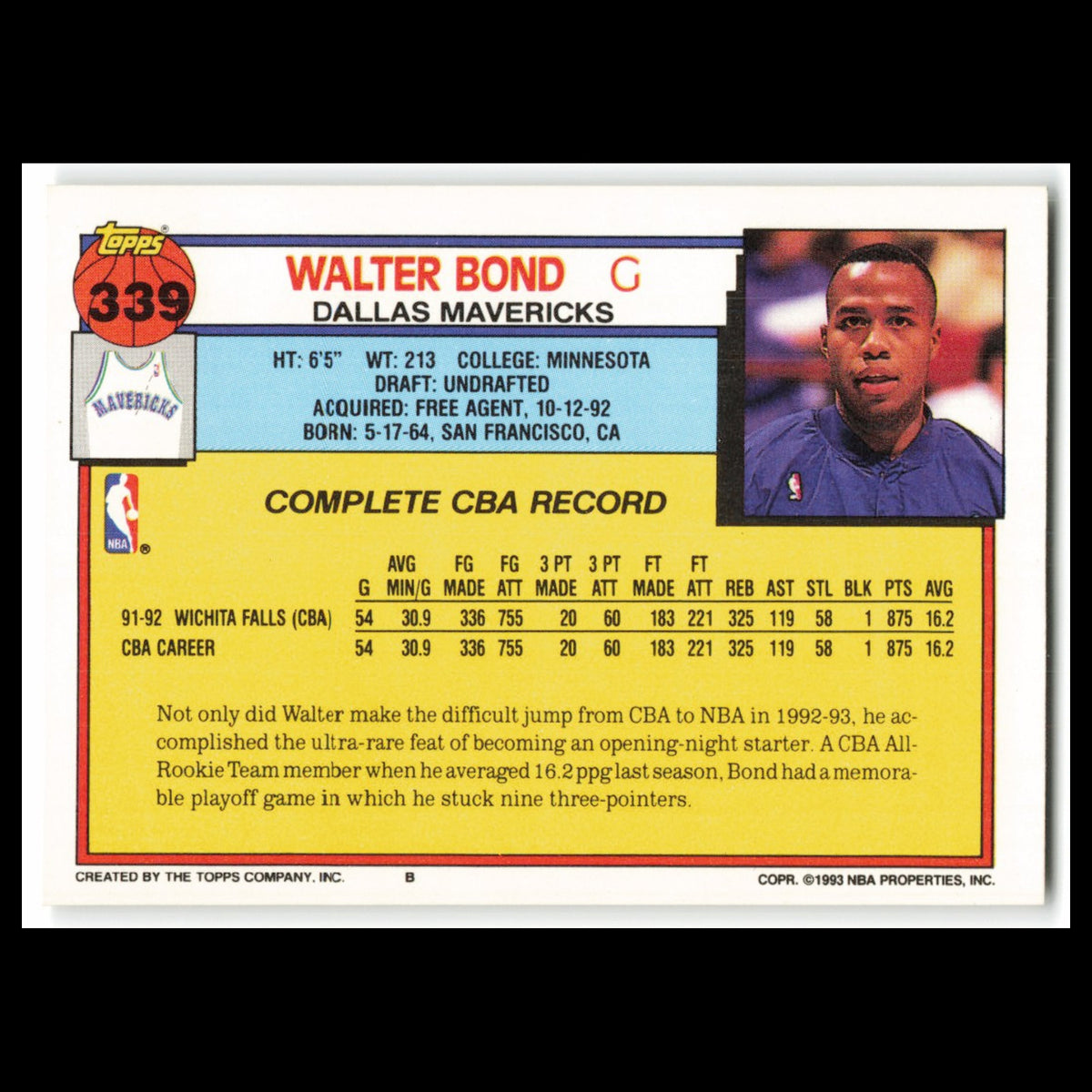 Walter Bond Rookie #339 1992 Topps Dallas Mavericks Basketball Card NBA NM