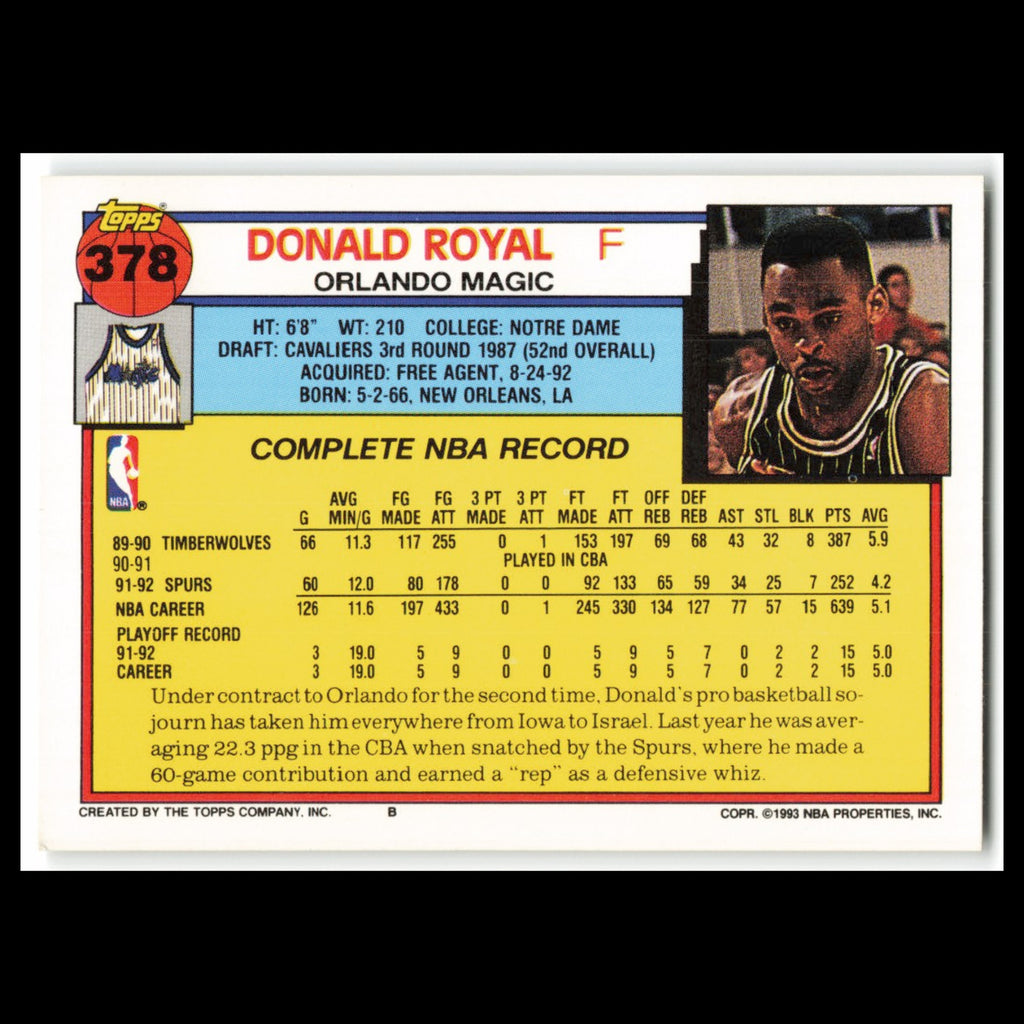 Donald Royal #378 1992 Topps Orlando Magic Basketball Card NBA NM