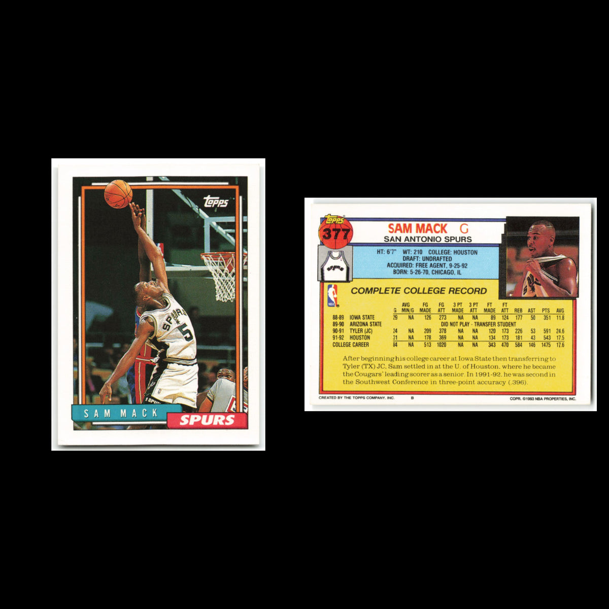 Sam Mack Rookie #377 1992 Topps San Antonio Spurs Basketball Card NBA NM