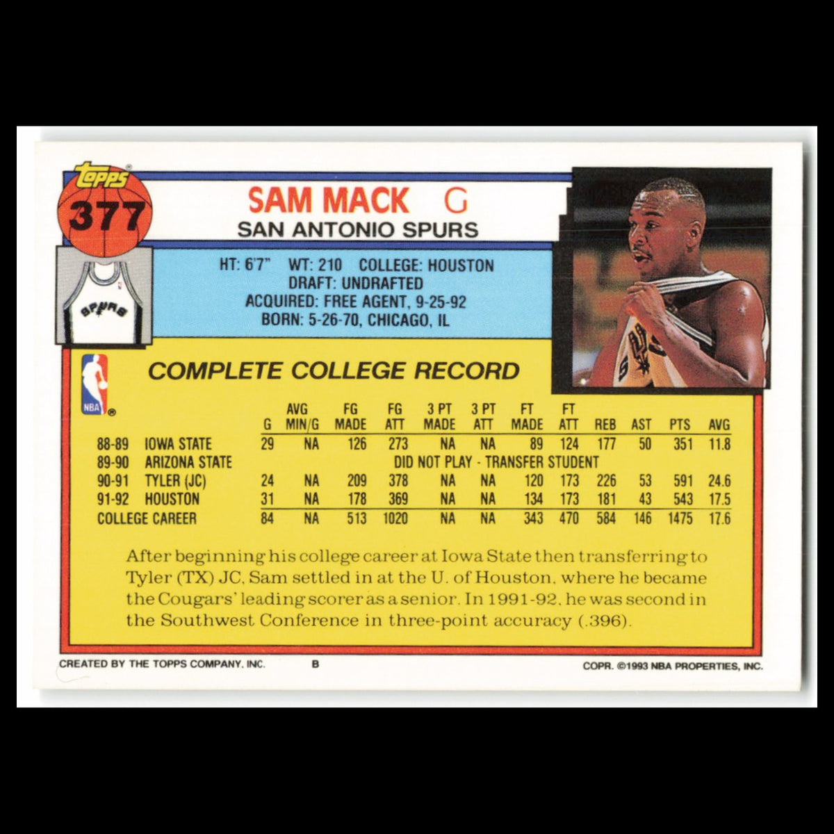 Sam Mack Rookie #377 1992 Topps San Antonio Spurs Basketball Card NBA NM