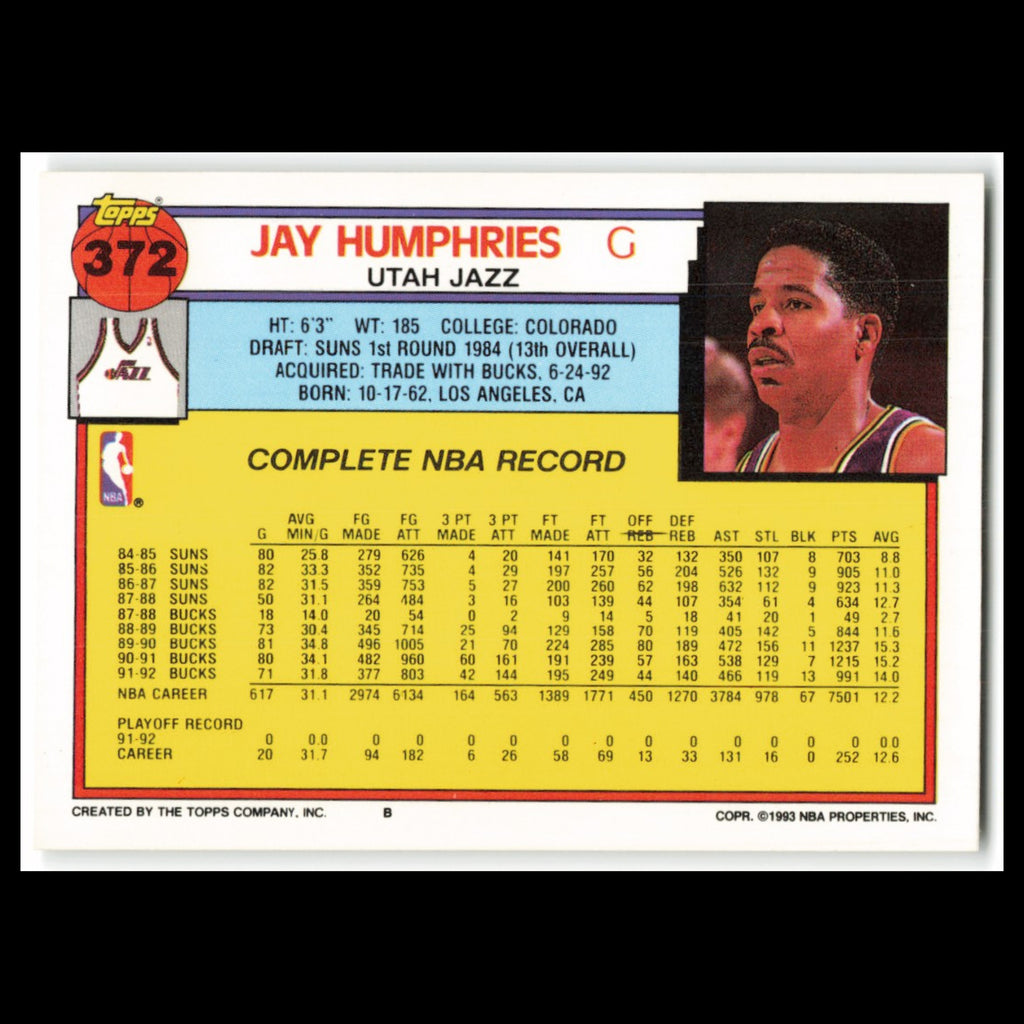 Jay Humphries #372 1992 Topps Utah Jazz Basketball Card NBA NM