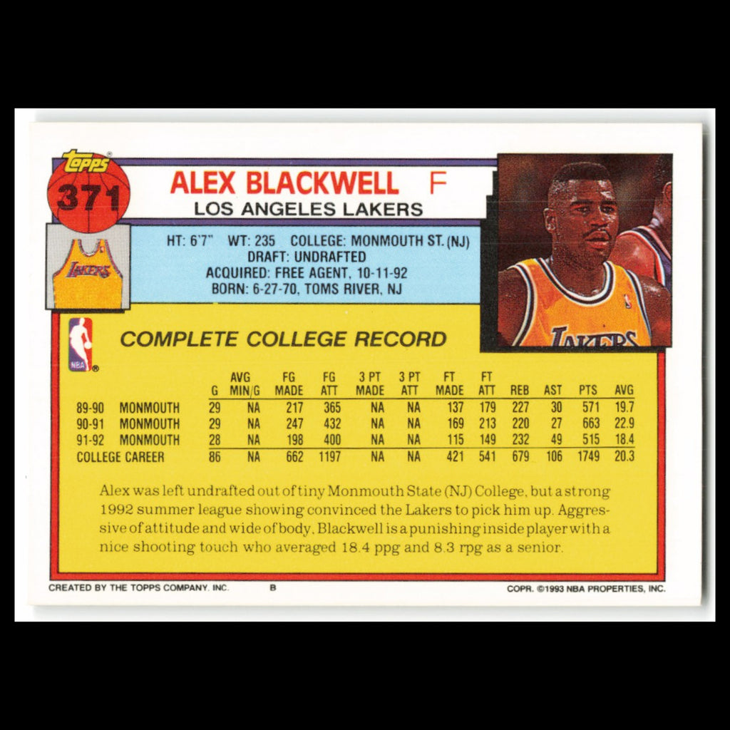 Alex Blackwell Rookie #371 1992 Topps Los Angeles Lakers Basketball Card NBA NM