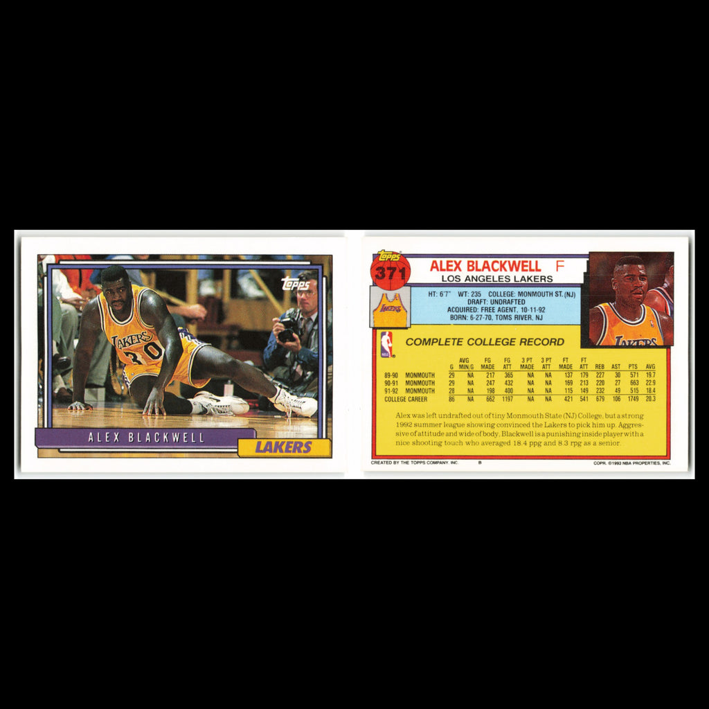 Alex Blackwell Rookie #371 1992 Topps Los Angeles Lakers Basketball Card NBA NM