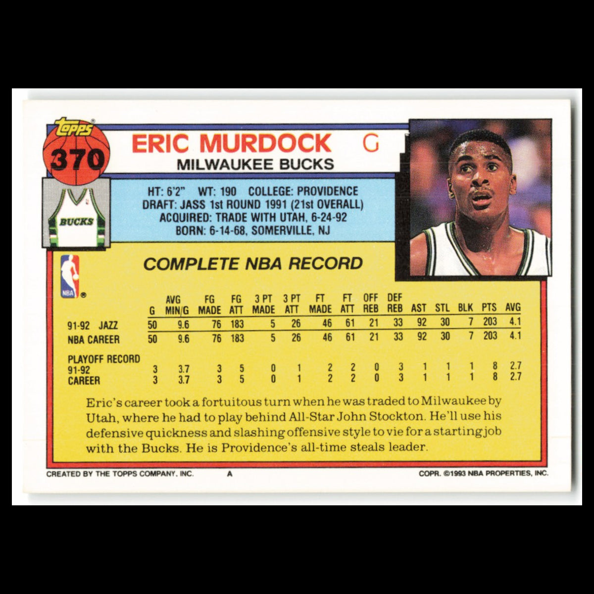 Eric Murdock #370 1992 Topps Milwaukee Bucks Basketball Card NBA NM