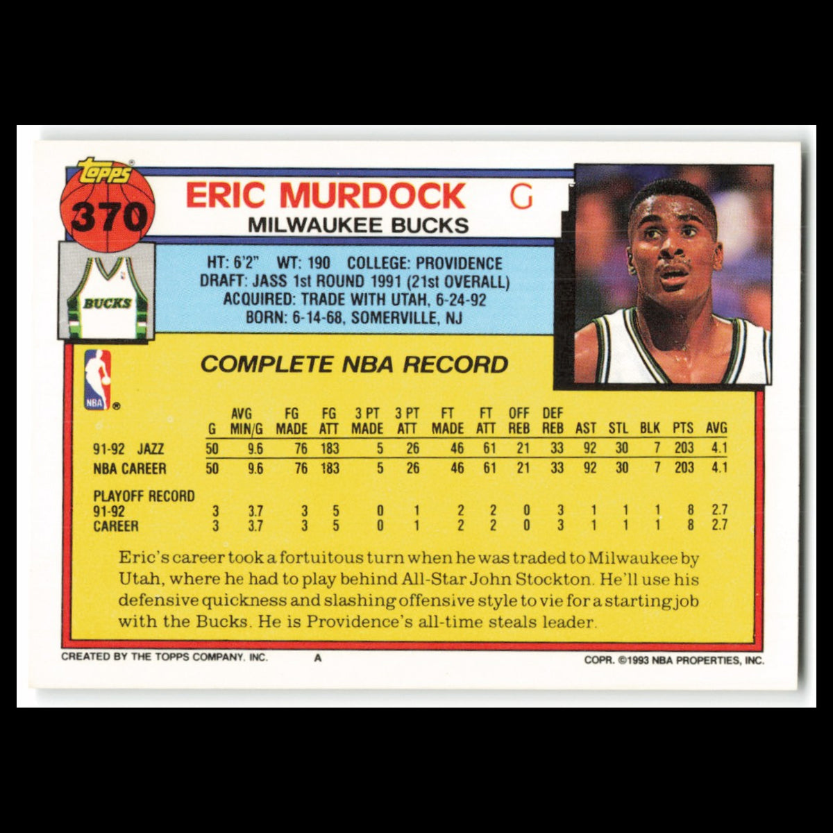 Eric Murdock #370 1992 Topps Milwaukee Bucks Basketball Card NBA NM