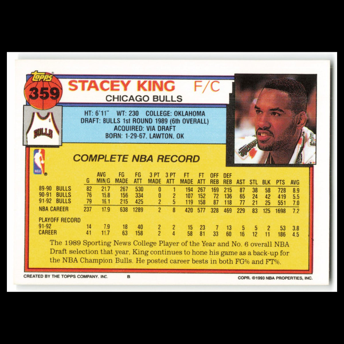 Stacey King #359 1992 Topps Chicago Bulls Basketball Card NBA NM