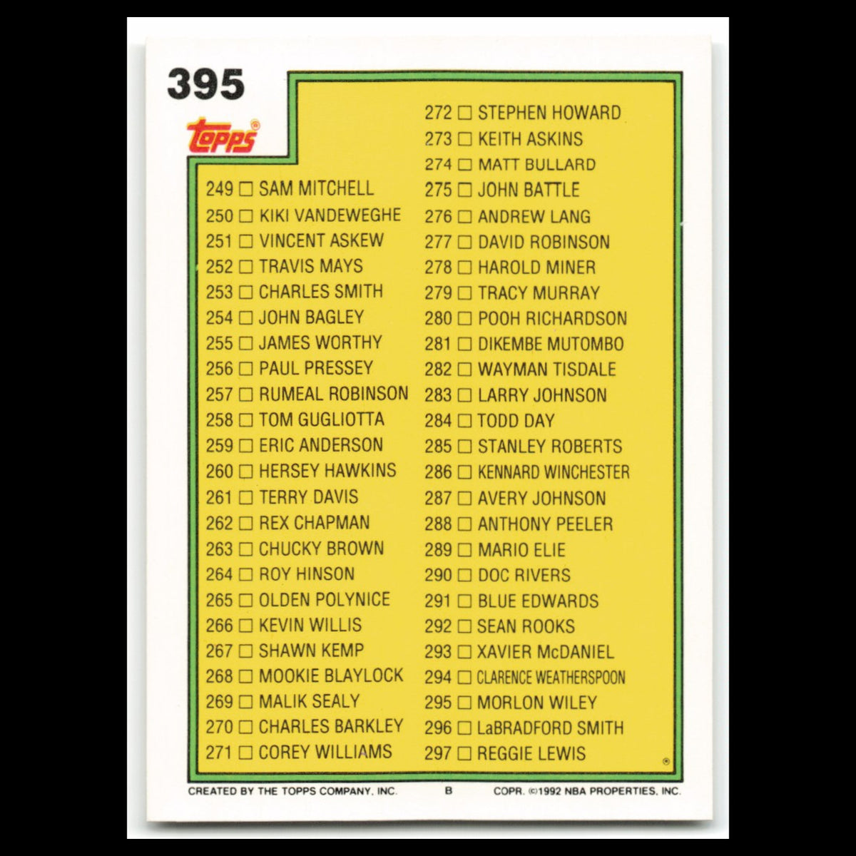 Checklist 199-297 #395 1992 Topps Basketball Card NBA NM