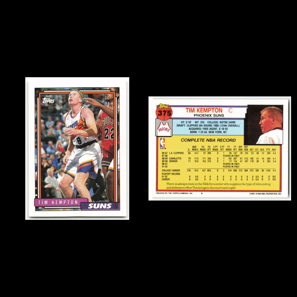 Tim Kempton #375 1992 Topps Phoenix Suns Basketball Card NBA NM