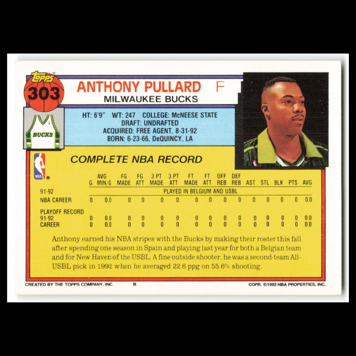 Anthony Pullard Rookie #303 1992 Topps Milwaukee Bucks Basketball Card NBA NM