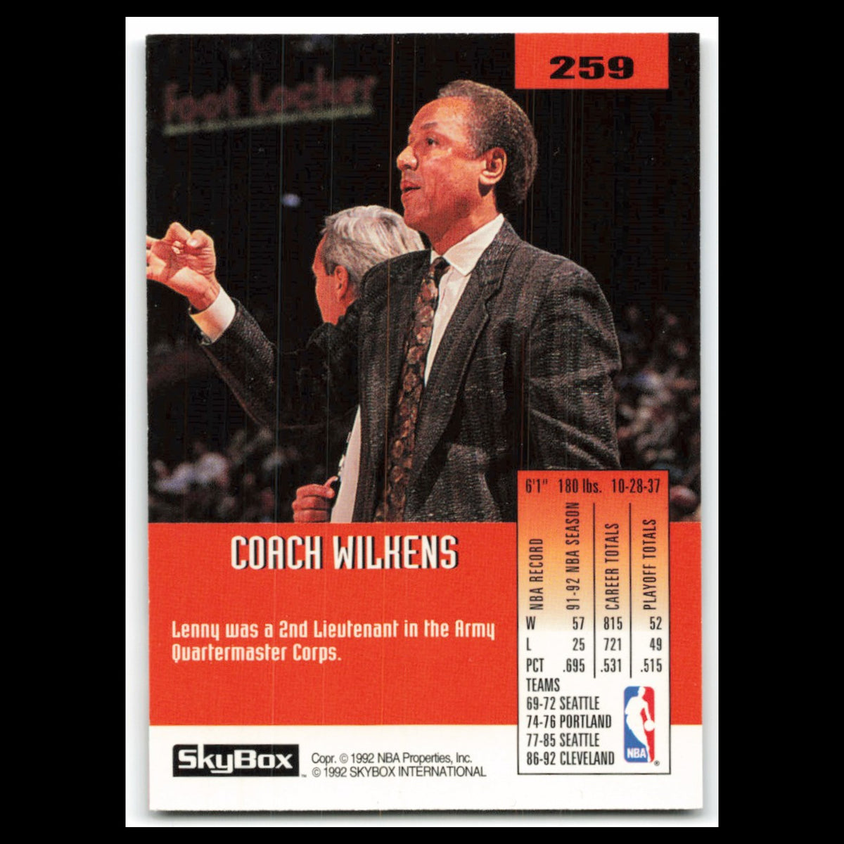 Lenny Wilkens #259 1992 SkyBox Cleveland Cavaliers Basketball Card NBA NM