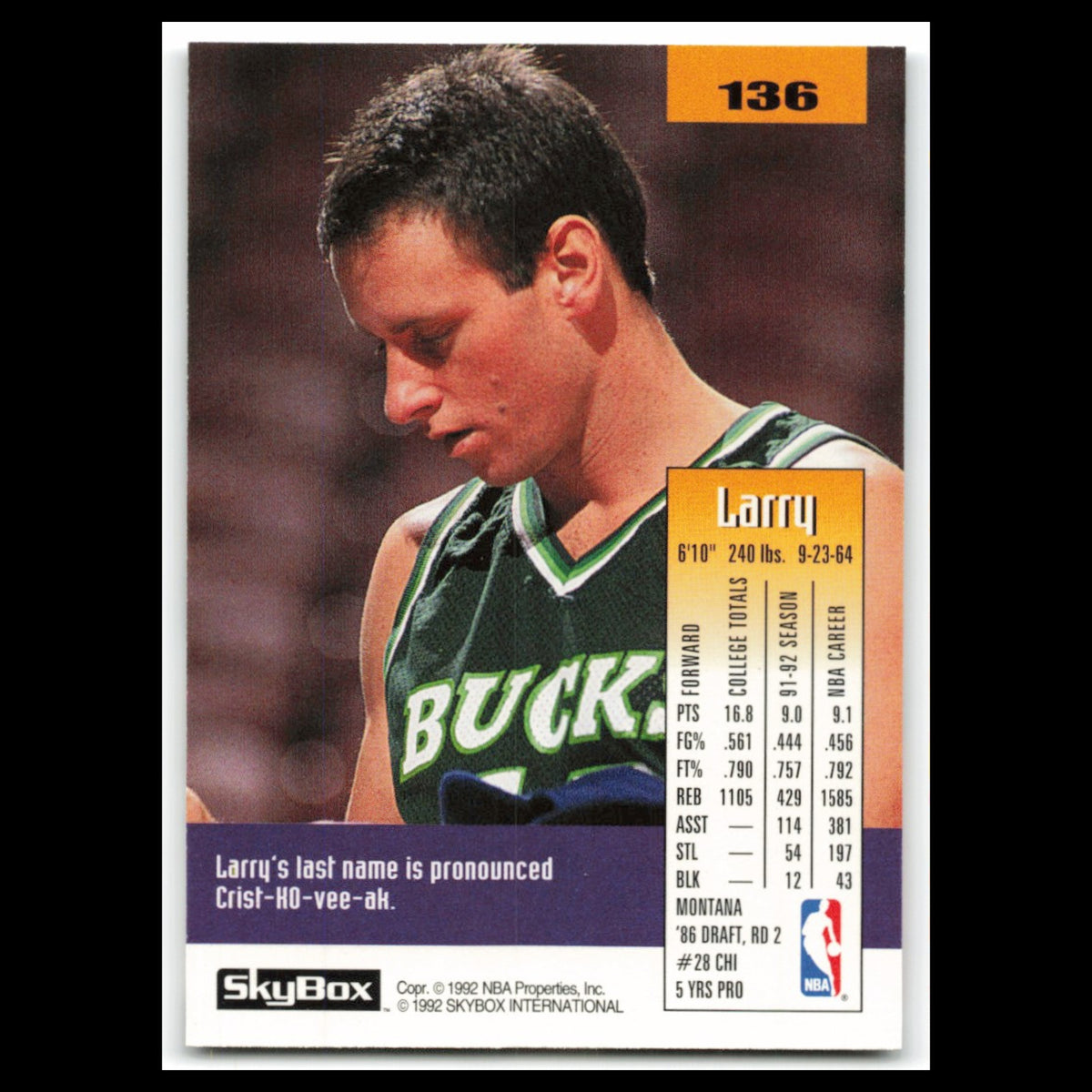 Larry Krystkowiak #136 1992 Skybox Milwaukee Bucks Basketball Card NBA NM