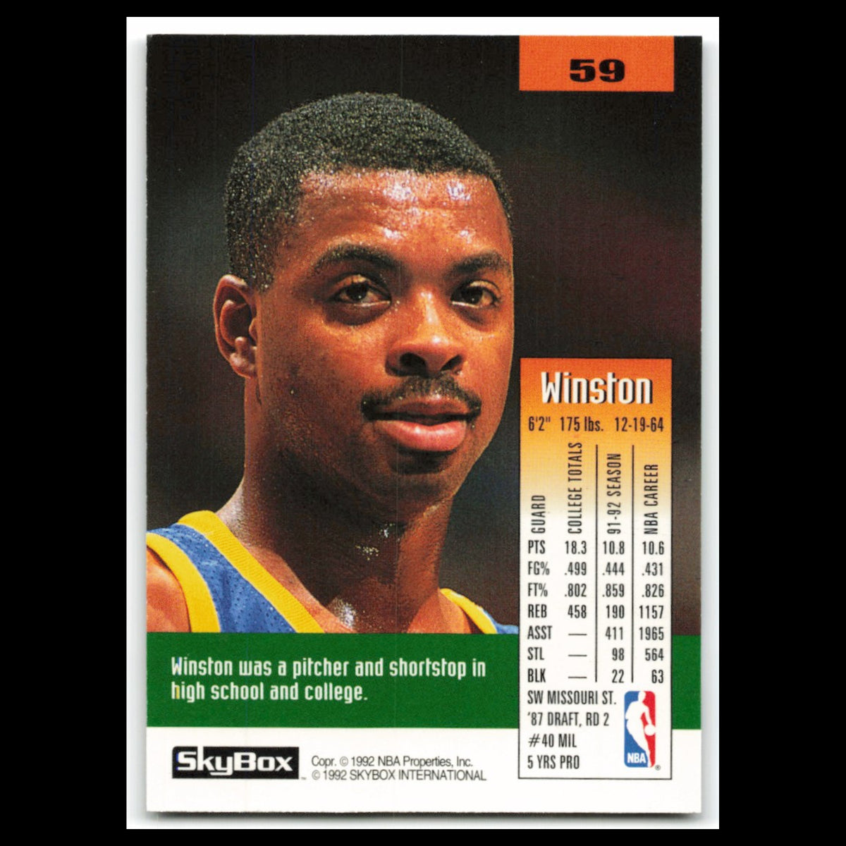 Winston Garland #59 1992 SkyBox Denver Nuggets Basketball Card NBA NM
